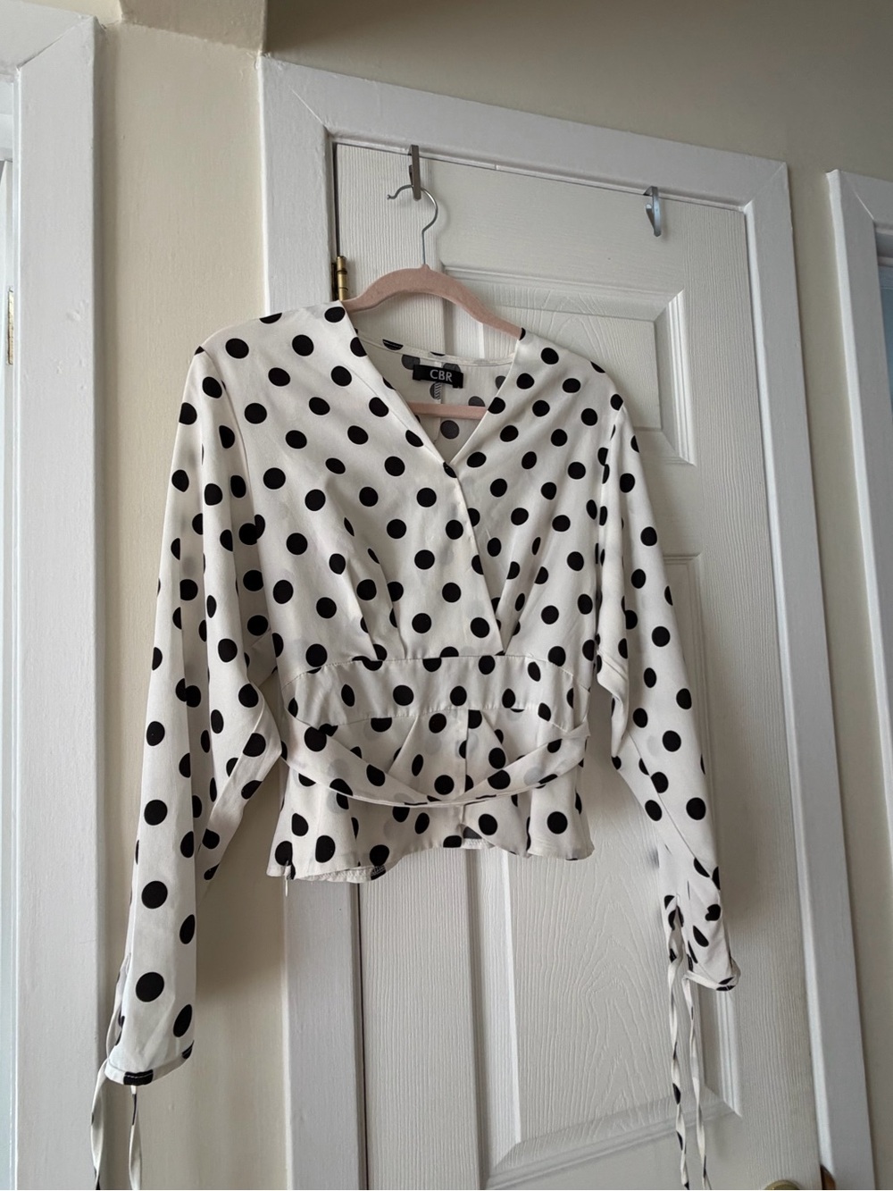 CBR Ivory Wrap Blouse with Black Polka Dots